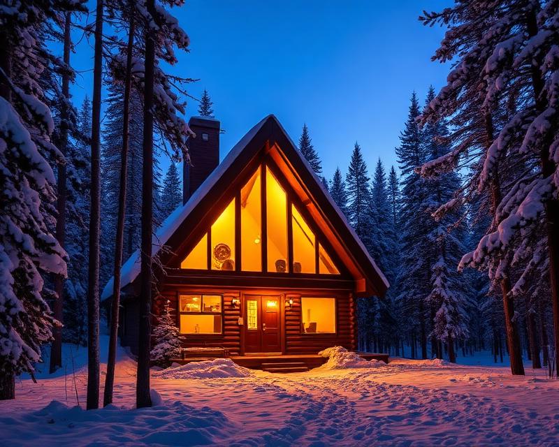 A-frame cabin in snowy forest