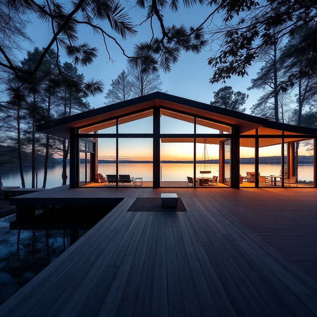Modern glass lakehouse at dusk