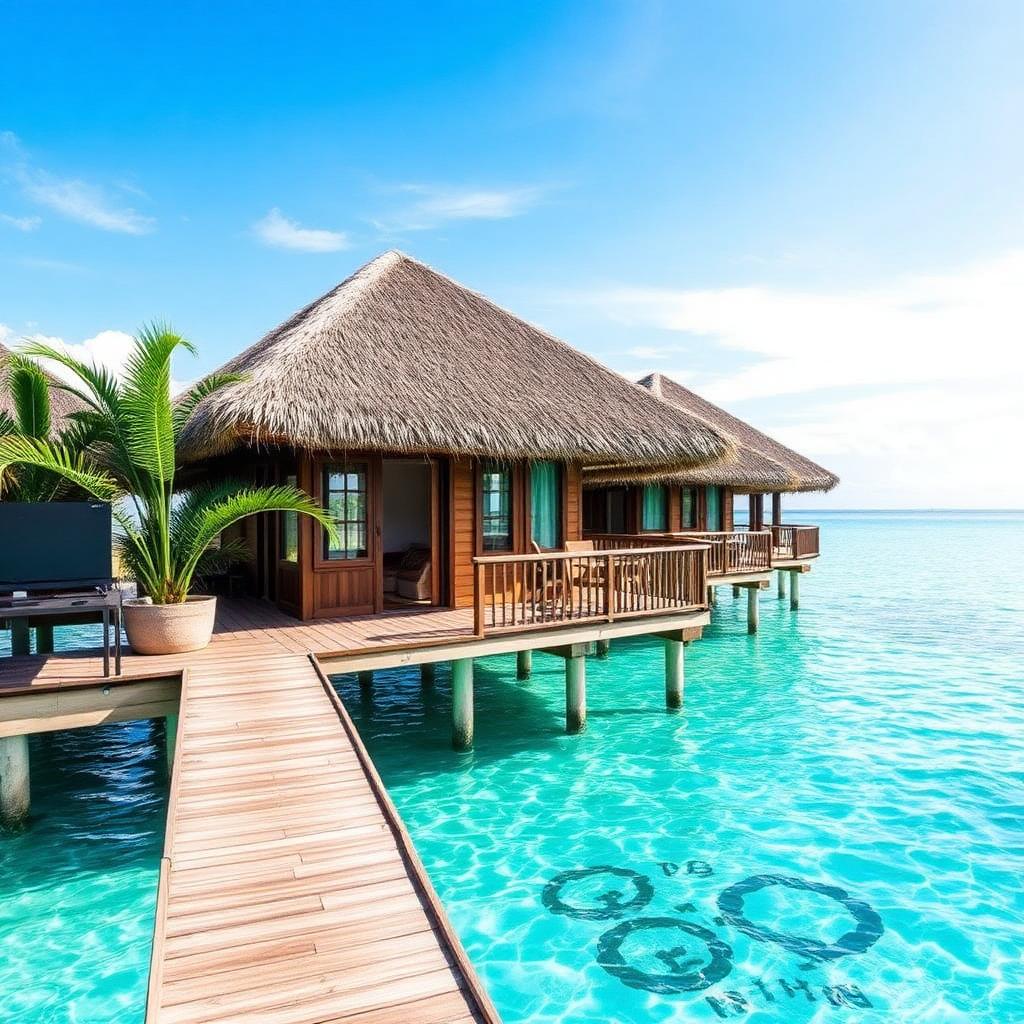 Overwater bungalow above turquoise water